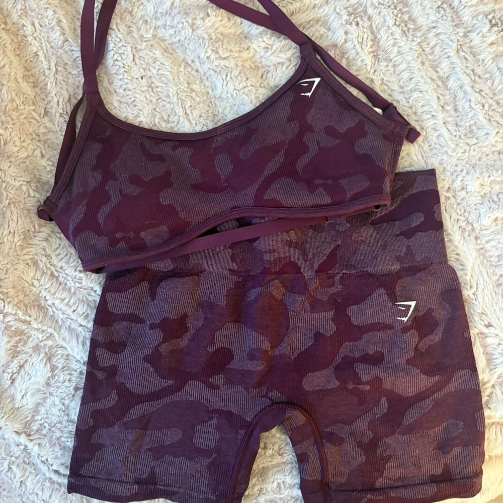 Gymshark Purple Camo Sports Bra and Shorts Set